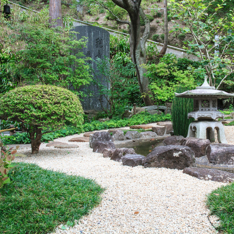 Japanese style garden with a raked gravel path, stepping stones, mossy rocks, clipped shrubs, and a traditional stone lantern set among trees and soft green planting.