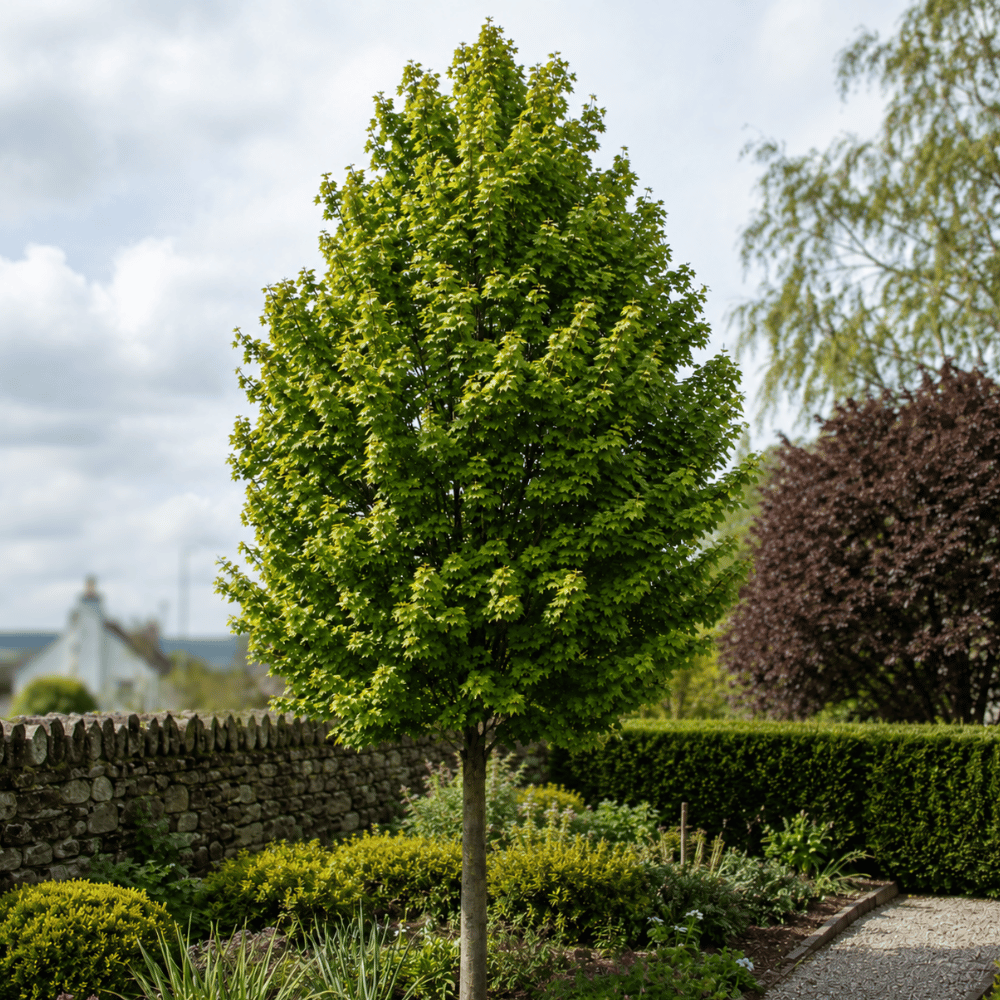 Neatly trained Acer campestre ‘Elsrijk’ standard tree with a compact oval crown in a formal garden.