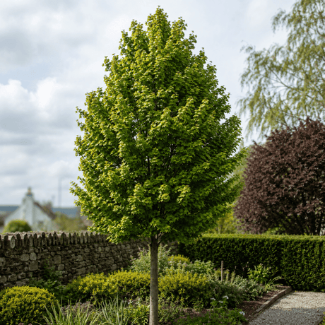 Neatly trained Acer campestre ‘Elsrijk’ standard tree with a compact oval crown in a formal garden.