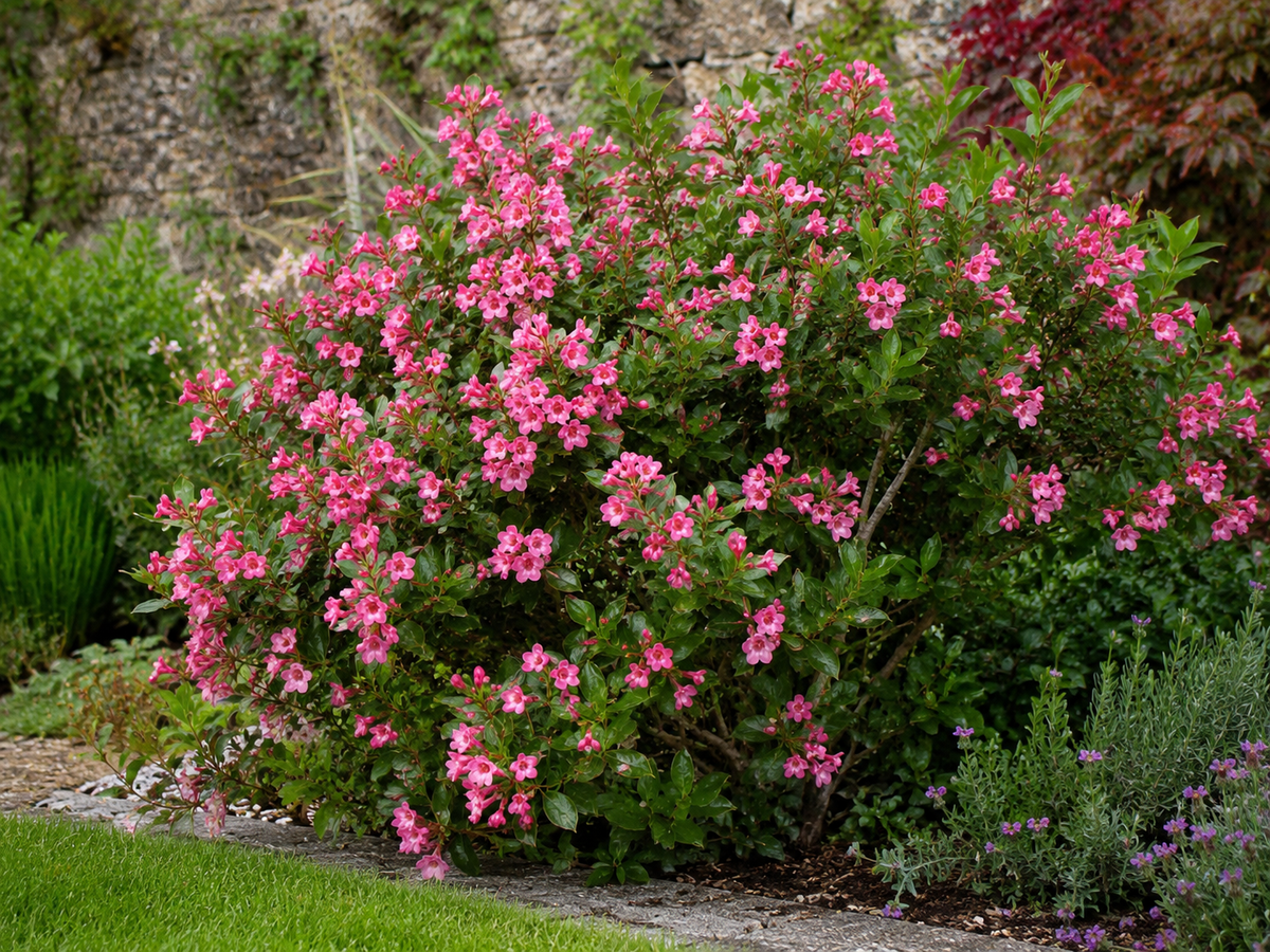 Large Escallonia ‘Apple Blossom’ flowering abundantly at the edge of a garden border.