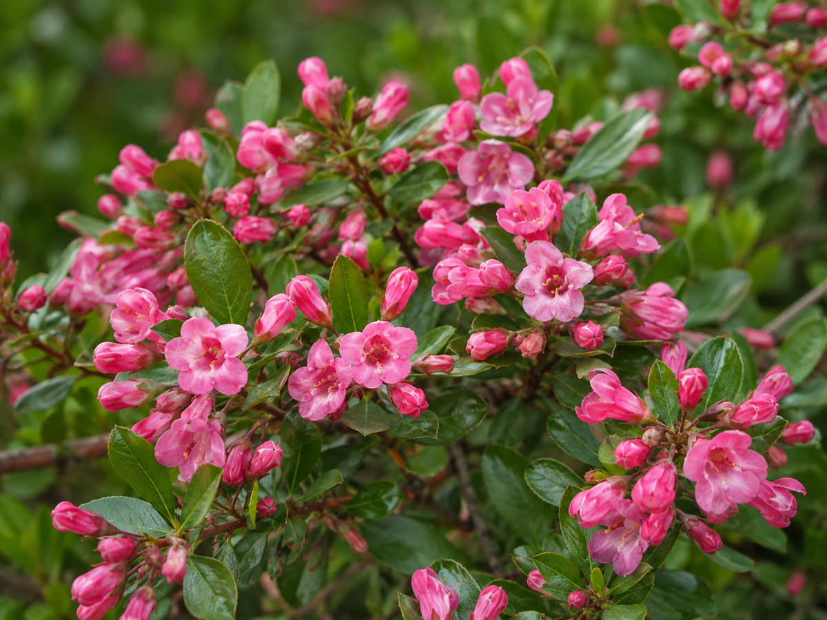 Close-up of pink tubular Escallonia ‘Apple Blossom’ flowers among small glossy leaves.