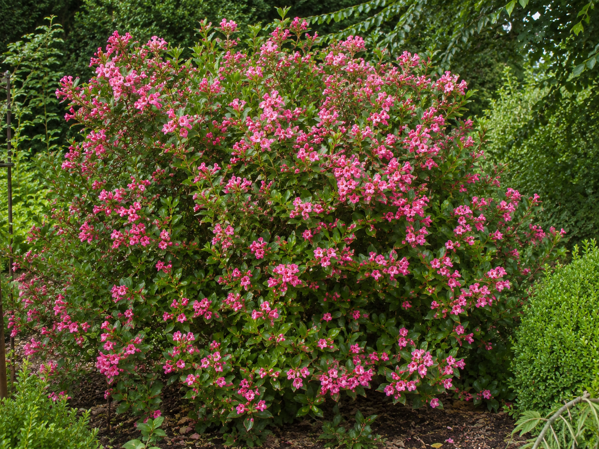 Rounded Escallonia ‘Apple Blossom’ shrub covered in rosy pink flowers beside a hedge.