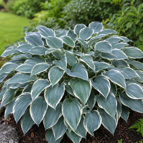 Hosta ‘El Niño’ with blue-green leaves edged in narrow creamy white margins.