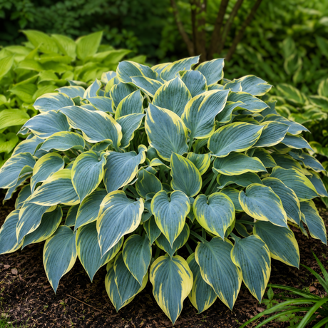 Hosta ‘First Frost’ with blue-green leaves edged in irregular golden-yellow margins.