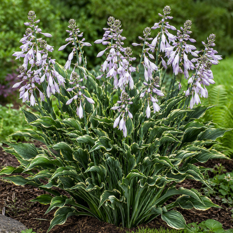 Hosta ‘Praying Hands’ forming a tall mound of narrow upright green leaves with pale margins and lavender flowers.