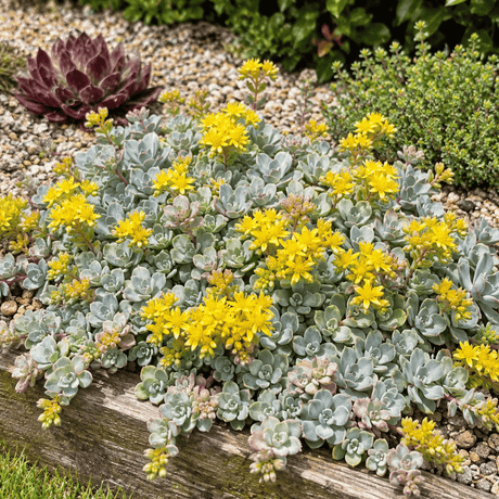 Sedum spathulifolium ‘Cape Blanco’ spreading among gravel with silvery rosettes and bright yellow star-shaped flowers.
