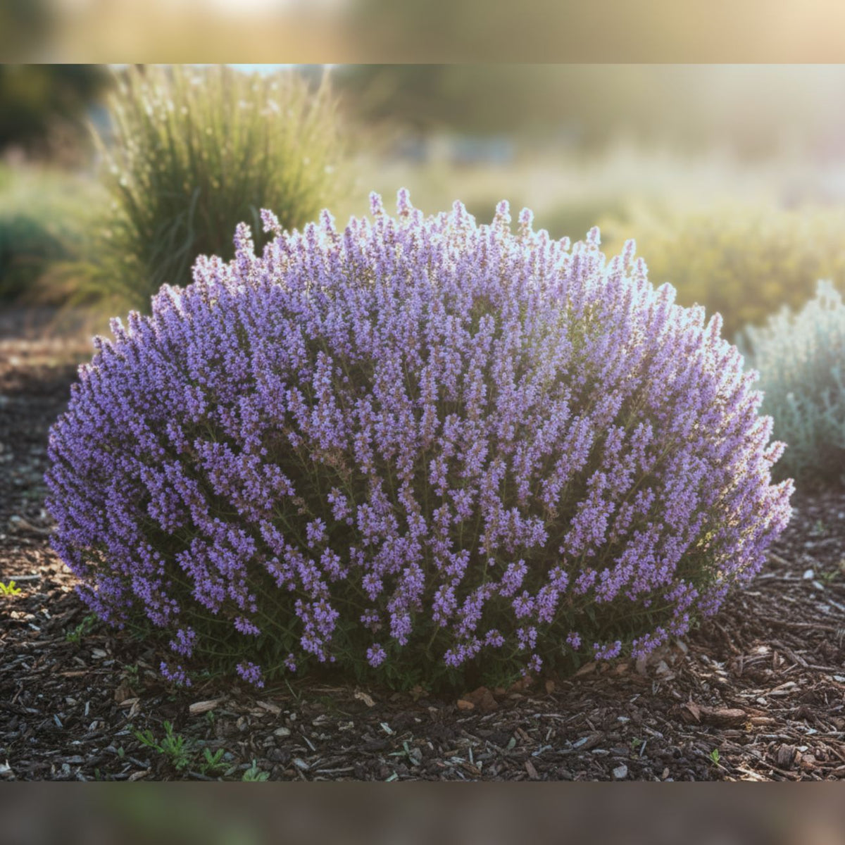 Rounded mound of Teucrium × lucidrys covered in upright lavender-purple flower spikes.