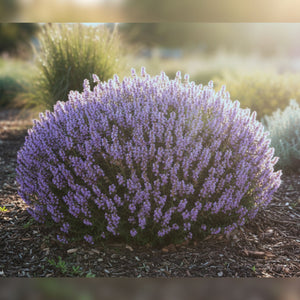 Rounded mound of Teucrium × lucidrys covered in upright lavender-purple flower spikes.
